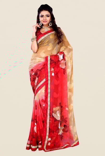 Shonaya Red & Beige Georgette & Viscose Printed Saree Shonaya Red & Beige Georgette & Viscose Printed Saree