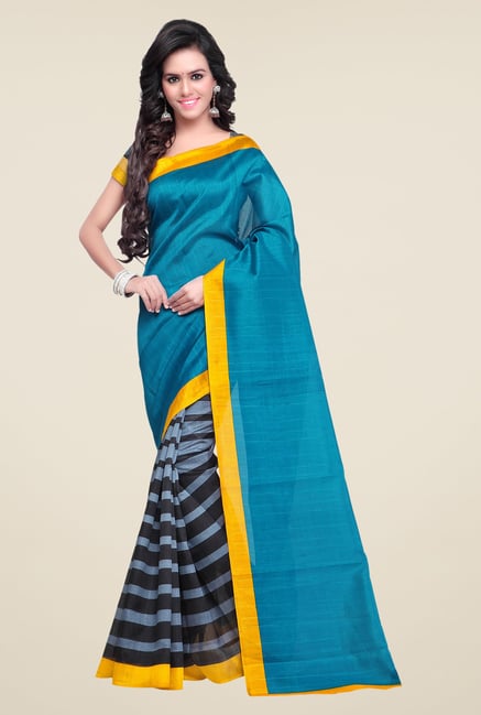 Shonaya Teal & Black Bhagalpuri Silk Striped Saree Shonaya Teal & Black Bhagalpuri Silk Striped Saree