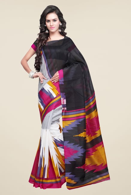 Shonaya White & Black Bhagalpuri Silk Printed Saree Shonaya White & Black Bhagalpuri Silk Printed Saree