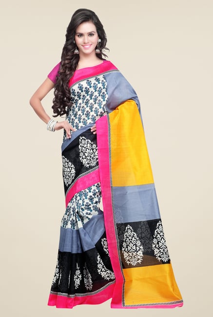 Shonaya Grey & Black Bhagalpuri Silk Block Print Saree Shonaya Grey & Black Bhagalpuri Silk Block Print Saree