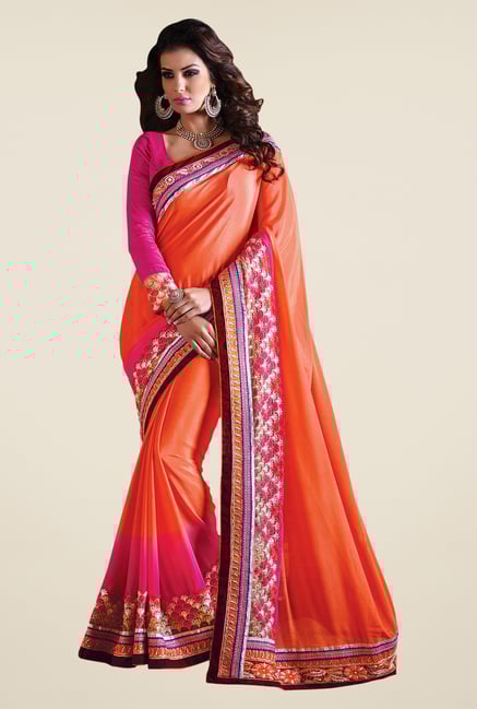Shonaya Orange & Pink Satin Chiffon Embroidered Saree Shonaya Orange & Pink Satin Chiffon Embroidered Saree