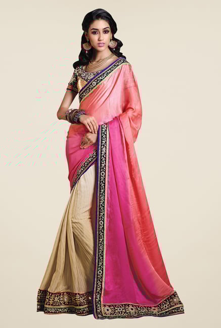 Shonaya Beige & Peach Jacquard & Georgette Embroidered Saree Shonaya Beige & Peach Jacquard & Georgette Embroidered Saree