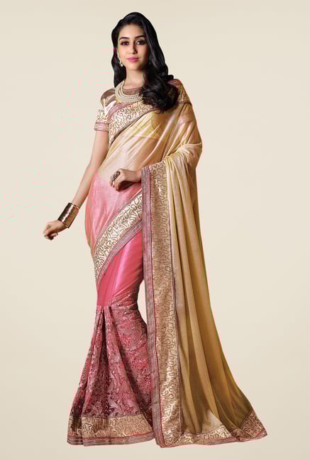 Shonaya Pink & Beige Net & Georgette Lycra Embroidered Saree Shonaya Pink & Beige Net & Georgette Lycra Embroidered Saree