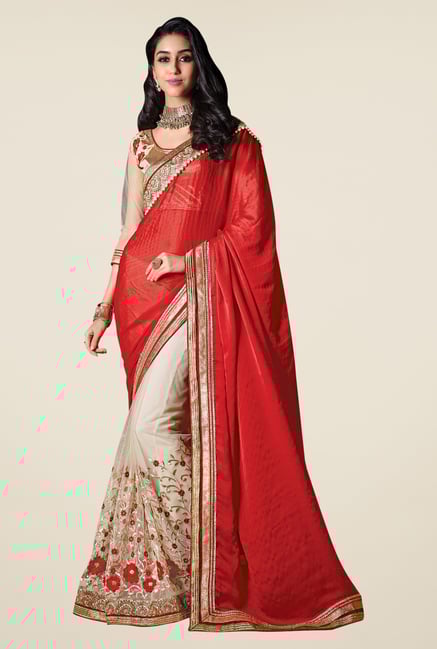 Shonaya Beige & Red Embroidered Saree Shonaya Beige & Red Embroidered Saree