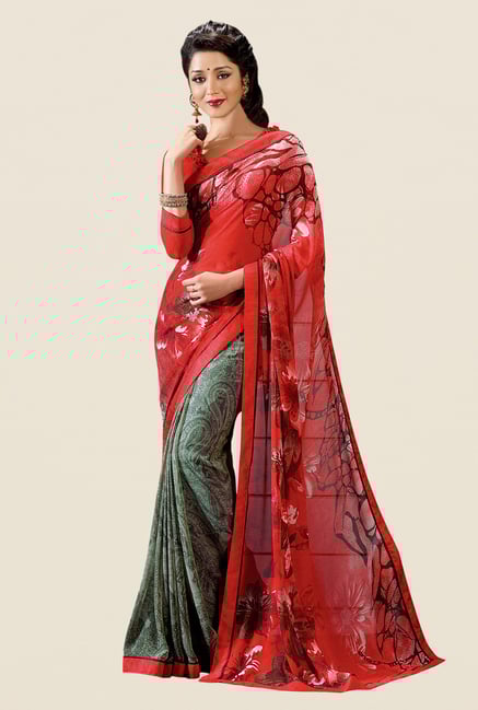 Shonaya Olive & Red Georgette Printed Saree Shonaya Olive & Red Georgette Printed Saree