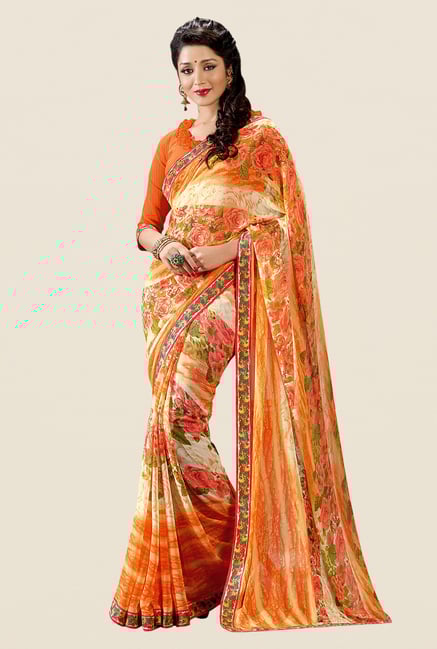 Shonaya Orange Georgette Floral Print Saree Shonaya Orange Georgette Floral Print Saree