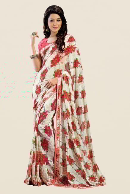 Shonaya Cream & Red Georgette Floral Print Saree Shonaya Cream & Red Georgette Floral Print Saree