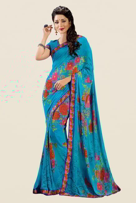 Shonaya Blue Georgette Floral Print Saree Shonaya Blue Georgette Floral Print Saree