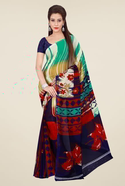 Shonaya Navy & Red Georgette Floral Print Saree Shonaya Navy & Red Georgette Floral Print Saree