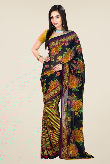 Shonaya Black & Yellow Georgette Floral Print Saree Shonaya Black & Yellow Georgette Floral Print Saree
