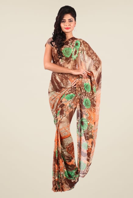 Shonaya Brown & Beige Georgette Printed Saree Shonaya Brown & Beige Georgette Printed Saree