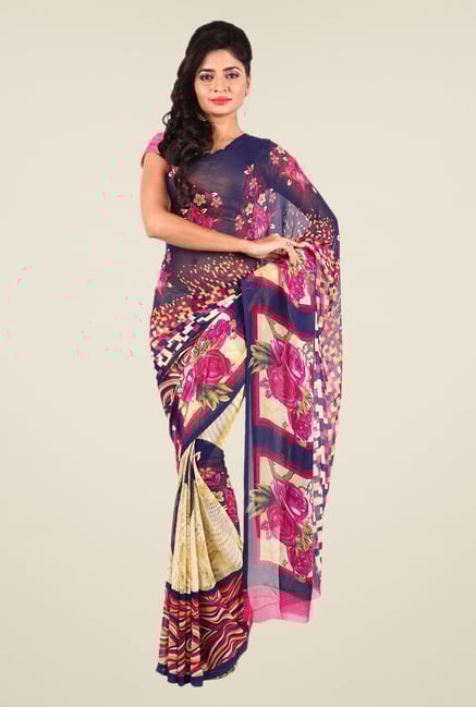 Shonaya Cream & Navy Georgette Printed Saree Shonaya Cream & Navy Georgette Printed Saree