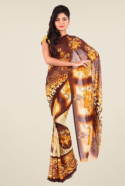 Shonaya Brown & Yellow Georgette Printed Saree Shonaya Brown & Yellow Georgette Printed Saree