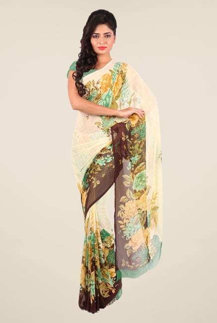 Shonaya Beige & Green Georgette Printed Saree Shonaya Beige & Green Georgette Printed Saree