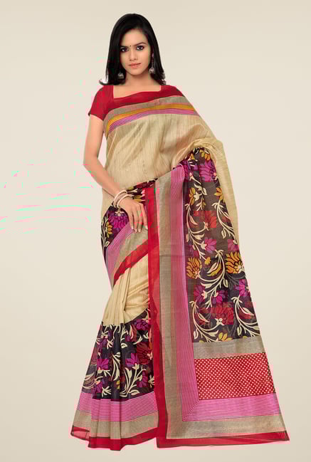 Shonaya Beige & Red Bhagalpuri Silk Floral Print Saree Shonaya Beige & Red Bhagalpuri Silk Floral Print Saree