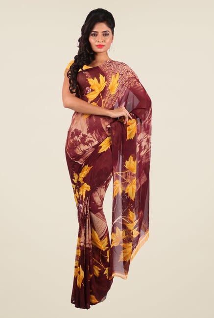 Shonaya Maroon & Beige Georgette Printed Saree Shonaya Maroon & Beige Georgette Printed Saree