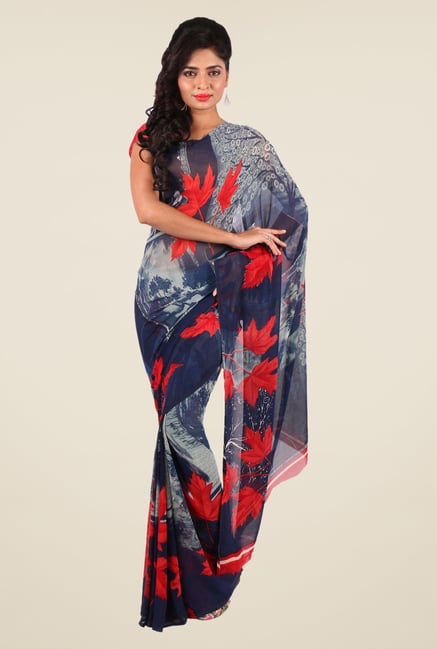 Shonaya Grey & Navy Georgette Printed Saree Shonaya Grey & Navy Georgette Printed Saree