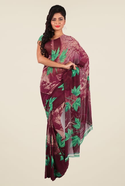 Shonaya Maroon & Green Georgette Printed Saree Shonaya Maroon & Green Georgette Printed Saree