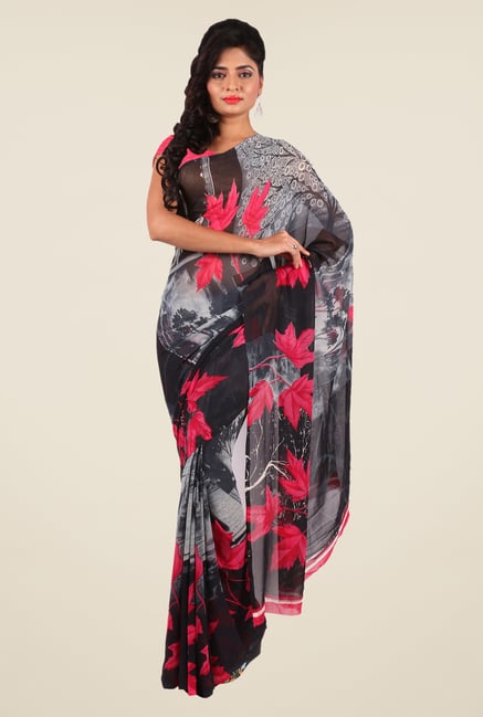 Shonaya Grey & Coral Georgette Printed Saree Shonaya Grey & Coral Georgette Printed Saree