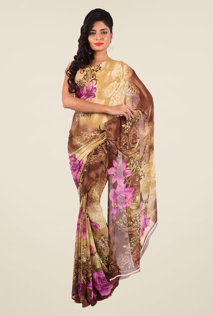 Shonaya Beige & Brown Georgette Floral Print Saree Shonaya Beige & Brown Georgette Floral Print Saree