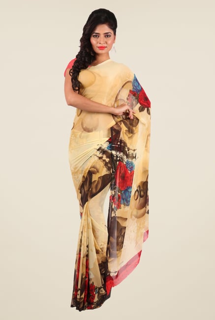Shonaya Beige & Coral Georgette Printed Saree Shonaya Beige & Coral Georgette Printed Saree