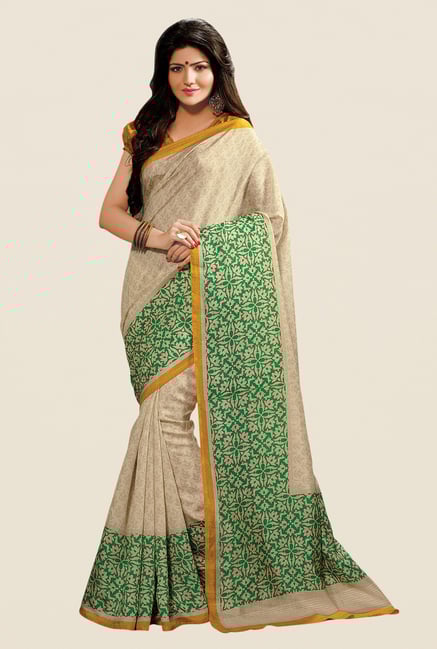 Shonaya Beige & Green Cotton Silk Printed Saree Shonaya Beige & Green Cotton Silk Printed Saree