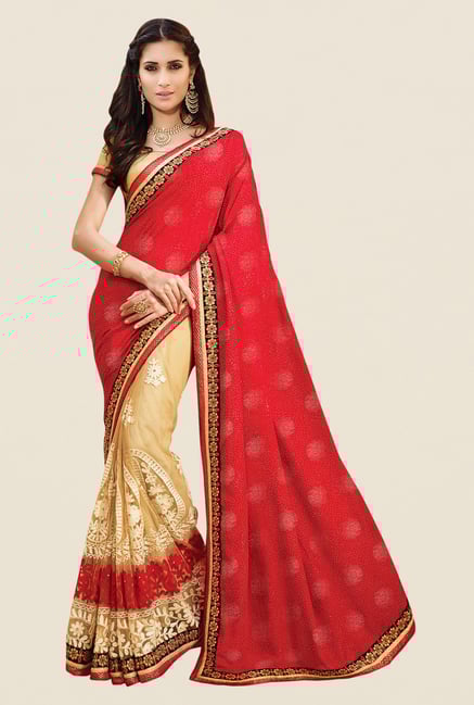 Shonaya Beige & Red Net & Chinon Embroidered Saree Shonaya Beige & Red Net & Chinon Embroidered Saree