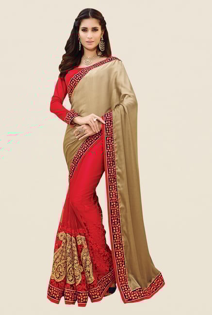 Shonaya Red & Beige Net & Georgette Embroidered Saree Shonaya Red & Beige Net & Georgette Embroidered Saree