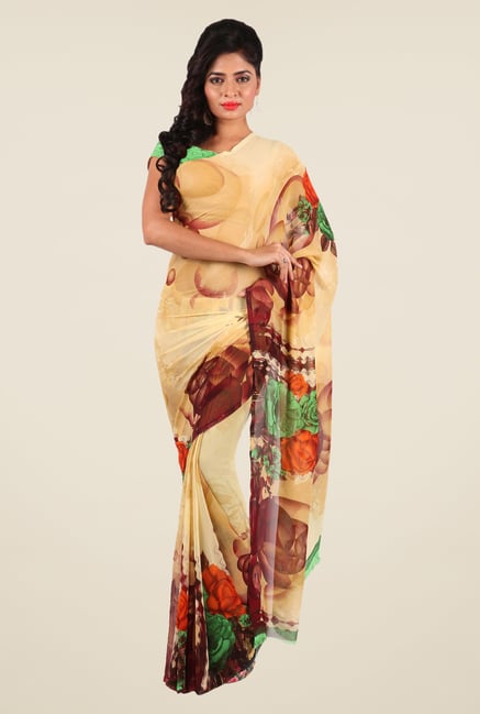 Shonaya Beige & Green Georgette Printed Saree Shonaya Beige & Green Georgette Printed Saree