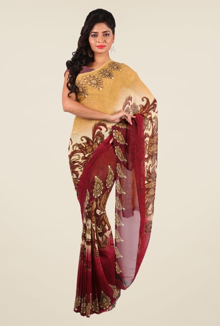 Shonaya Beige & Maroon Georgette Printed Saree Shonaya Beige & Maroon Georgette Printed Saree