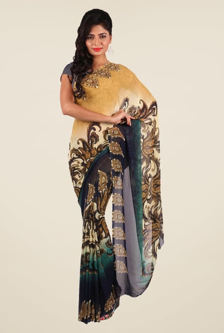 Shonaya Beige & Navy Georgette Printed Saree Shonaya Beige & Navy Georgette Printed Saree