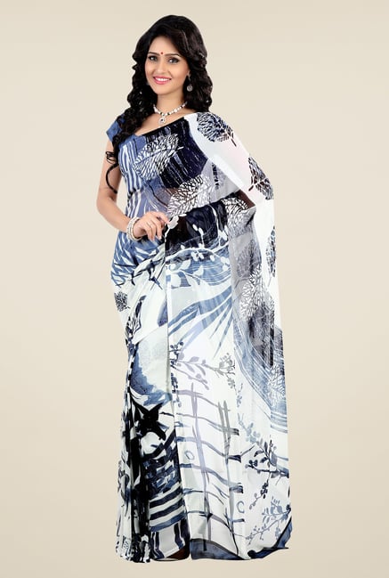 Shonaya White & Blue Faux Georgette Printed Saree Shonaya White & Blue Faux Georgette Printed Saree