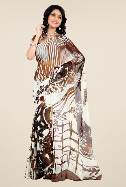 Shonaya White & Brown Faux Georgette Printed Saree Shonaya White & Brown Faux Georgette Printed Saree