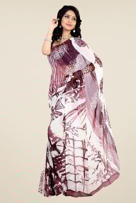 Shonaya White & Wine Faux Georgette Printed Saree Shonaya White & Wine Faux Georgette Printed Saree
