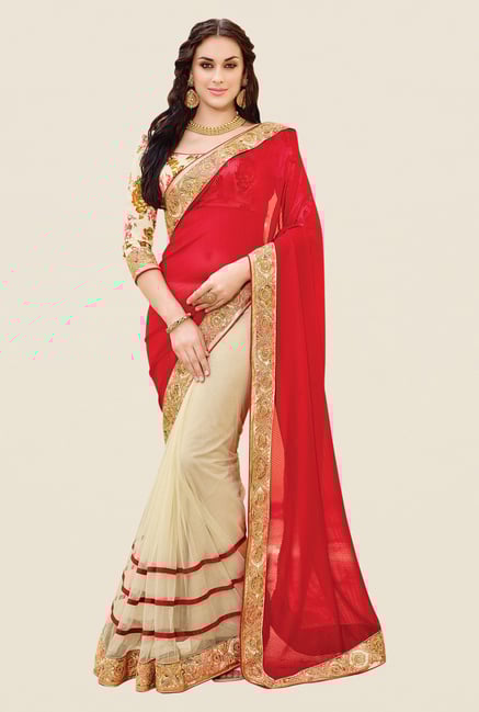 Shonaya Beige & Red Net & Georgette Solid Saree Shonaya Beige & Red Net & Georgette Solid Saree