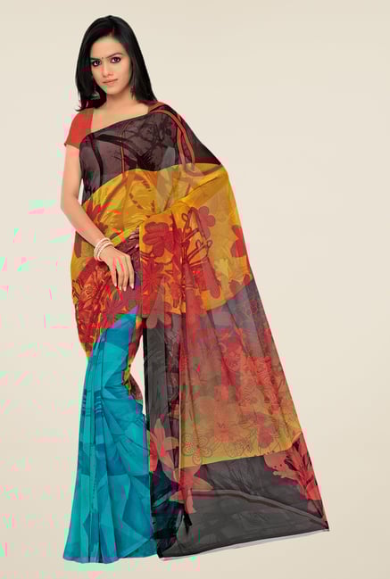 Shonaya Blue & Red Georgette Floral Print Saree Shonaya Blue & Red Georgette Floral Print Saree