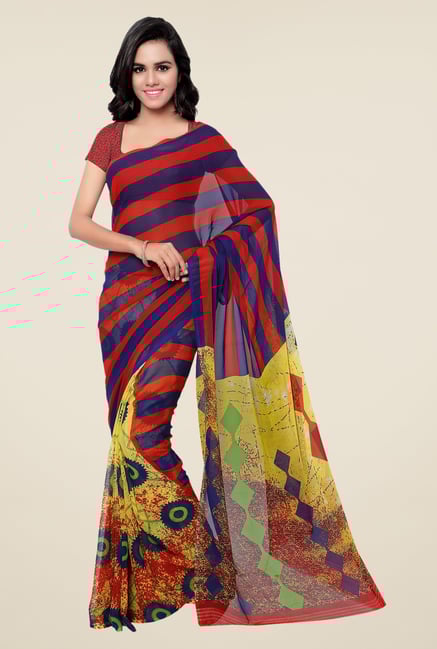 Shonaya Red & Blue Georgette Printed Saree Shonaya Red & Blue Georgette Printed Saree