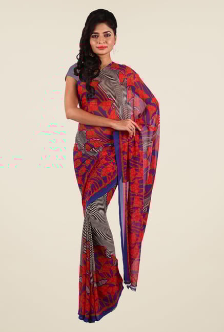Shonaya Red & Blue Georgette Printed Saree Shonaya Red & Blue Georgette Printed Saree