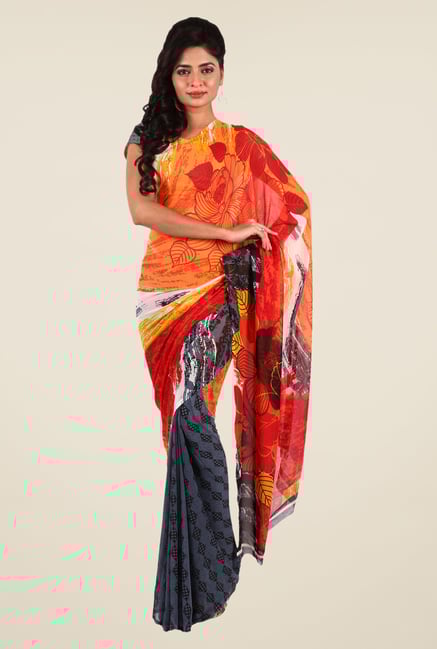 Shonaya Grey & Orange Georgette Printed Saree Shonaya Grey & Orange Georgette Printed Saree
