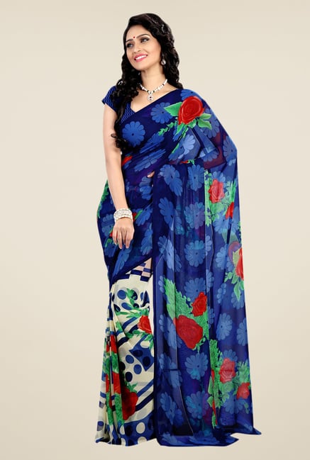 Shonaya Blue & Cream Faux Georgette Floral Print Saree Shonaya Blue & Cream Faux Georgette Floral Print Saree