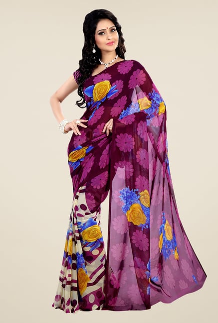 Shonaya Purple & Cream Faux Georgette Floral Print Saree Shonaya Purple & Cream Faux Georgette Floral Print Saree