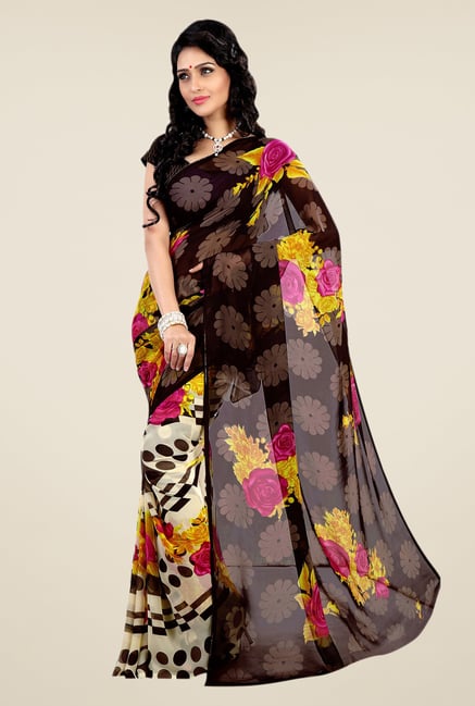 Shonaya Brown & Cream Faux Georgette Floral Print Saree Shonaya Brown & Cream Faux Georgette Floral Print Saree