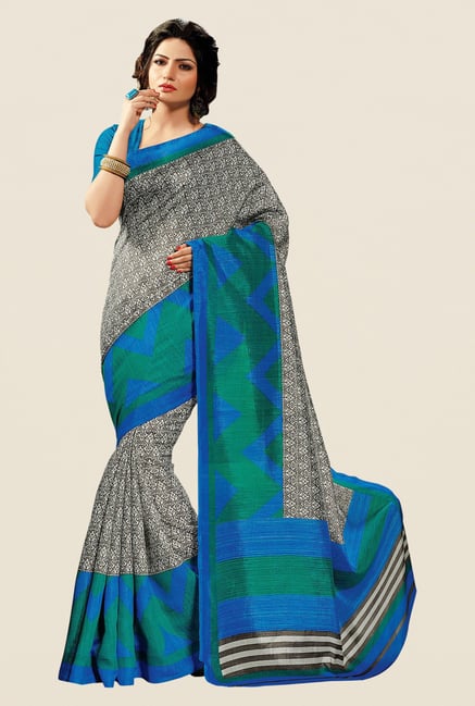 Shonaya Grey & Blue Cotton Silk Printed Saree Shonaya Grey & Blue Cotton Silk Printed Saree