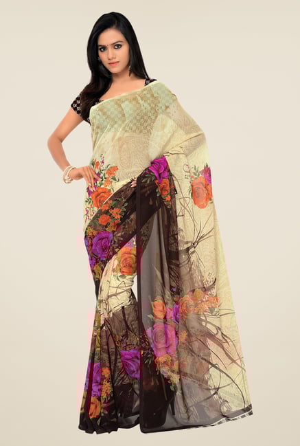 Shonaya Beige & Brown Georgette Floral Print Saree Shonaya Beige & Brown Georgette Floral Print Saree