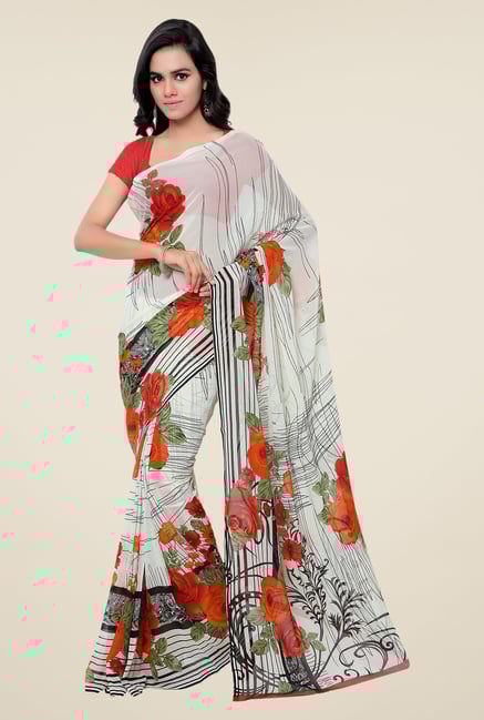 Shonaya White & Orange Georgette Floral Print Saree Shonaya White & Orange Georgette Floral Print Saree