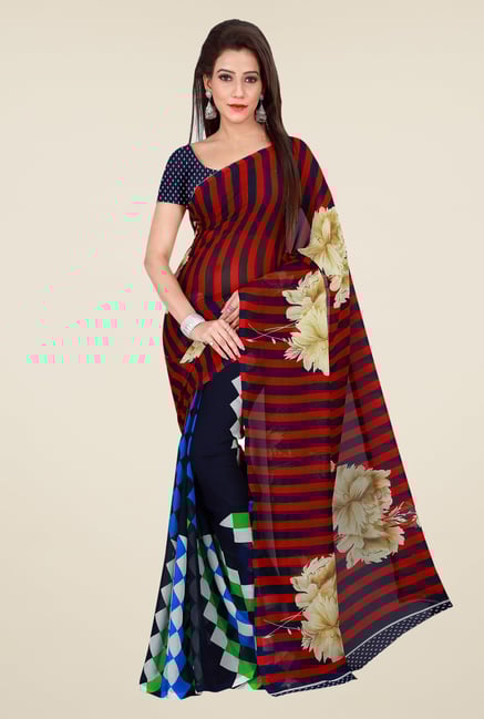 Shonaya Navy & Red Georgette Printed Saree Shonaya Navy & Red Georgette Printed Saree