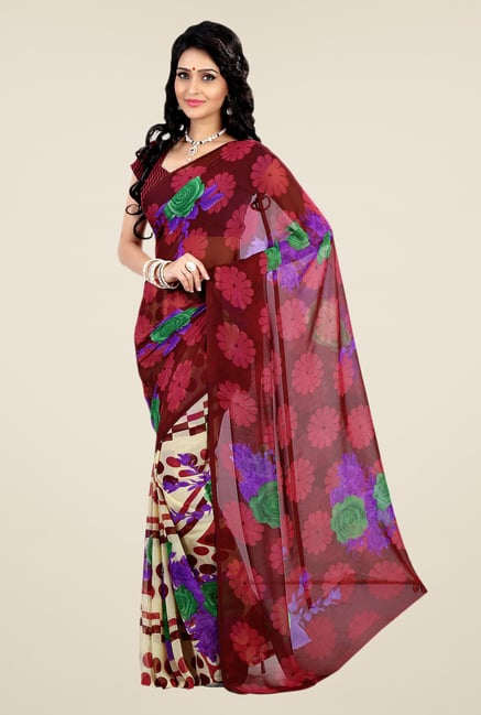 Shonaya Maroon & Cream Faux Georgette Floral Print Saree Shonaya Maroon & Cream Faux Georgette Floral Print Saree