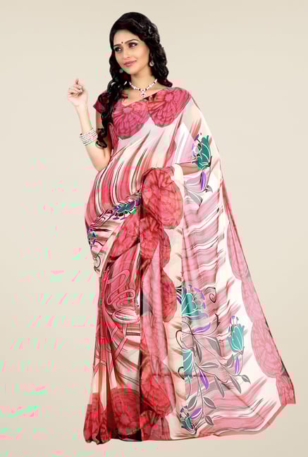 Shonaya Pink & Cream Faux Georgette Printed Saree Shonaya Pink & Cream Faux Georgette Printed Saree