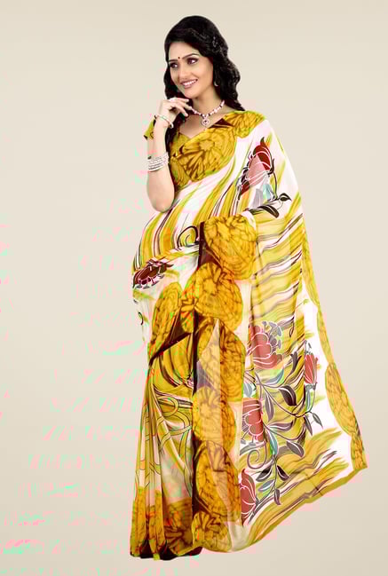 Shonaya Mustard & Cream Faux Georgette Printed Saree Shonaya Mustard & Cream Faux Georgette Printed Saree
