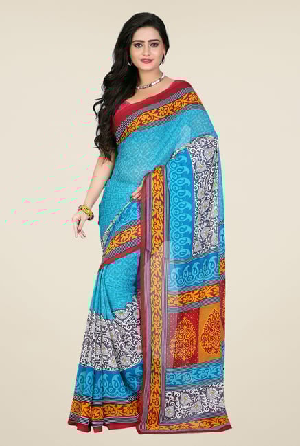 Shonaya Blue & Yellow Georgette Printed Saree Shonaya Blue & Yellow Georgette Printed Saree